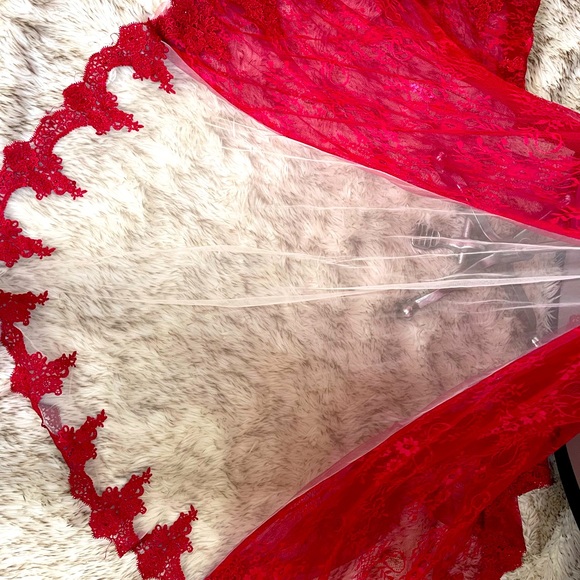 ONE OF A KIND! Red lace and sequin ball gown with neck line and train. - Picture 9 of 16